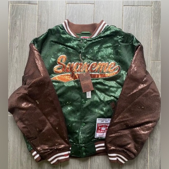 Supreme/ Mitchell & Ness Sequin Varsity Jacket , Green/Brown. Brand new - Picture 2 of 8